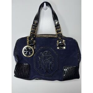 Vintage Tory Burch Amanda Suede Shoulder Bag Navy Blue Gold Hardware